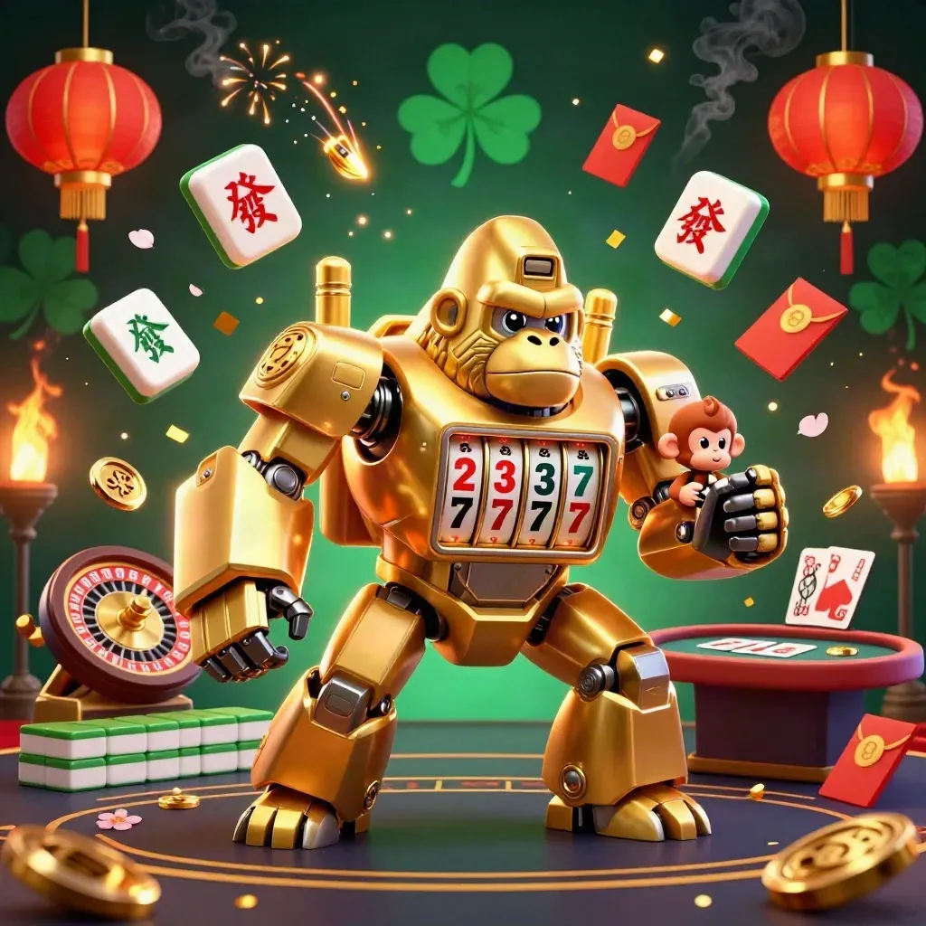 Golden gorilla mech with monkey pilot amid casino-lucky symbols, lanterns, coins, and cinematic glow
