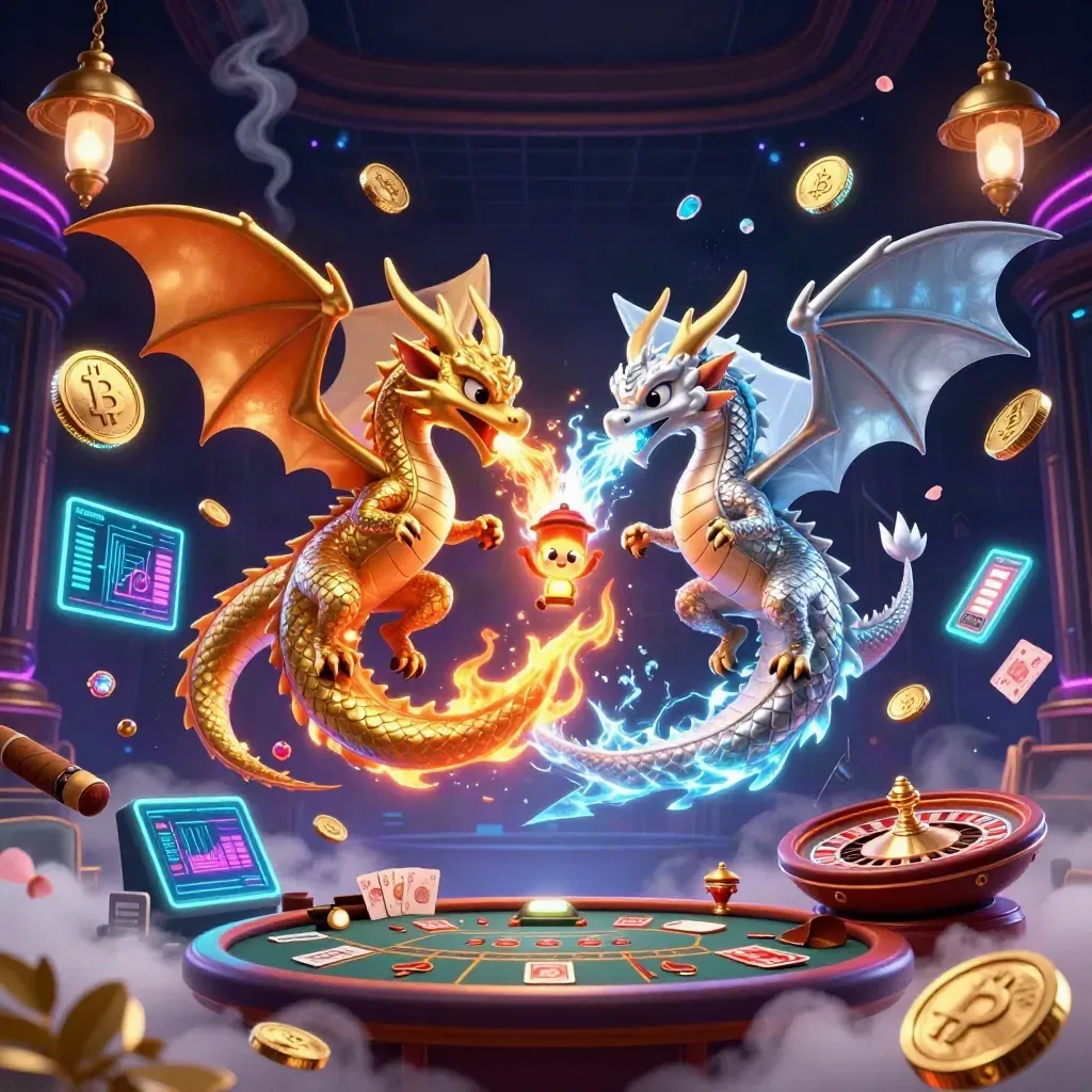 Gold and silver dragons spiral around neon crypto loot in a lavish casino room.