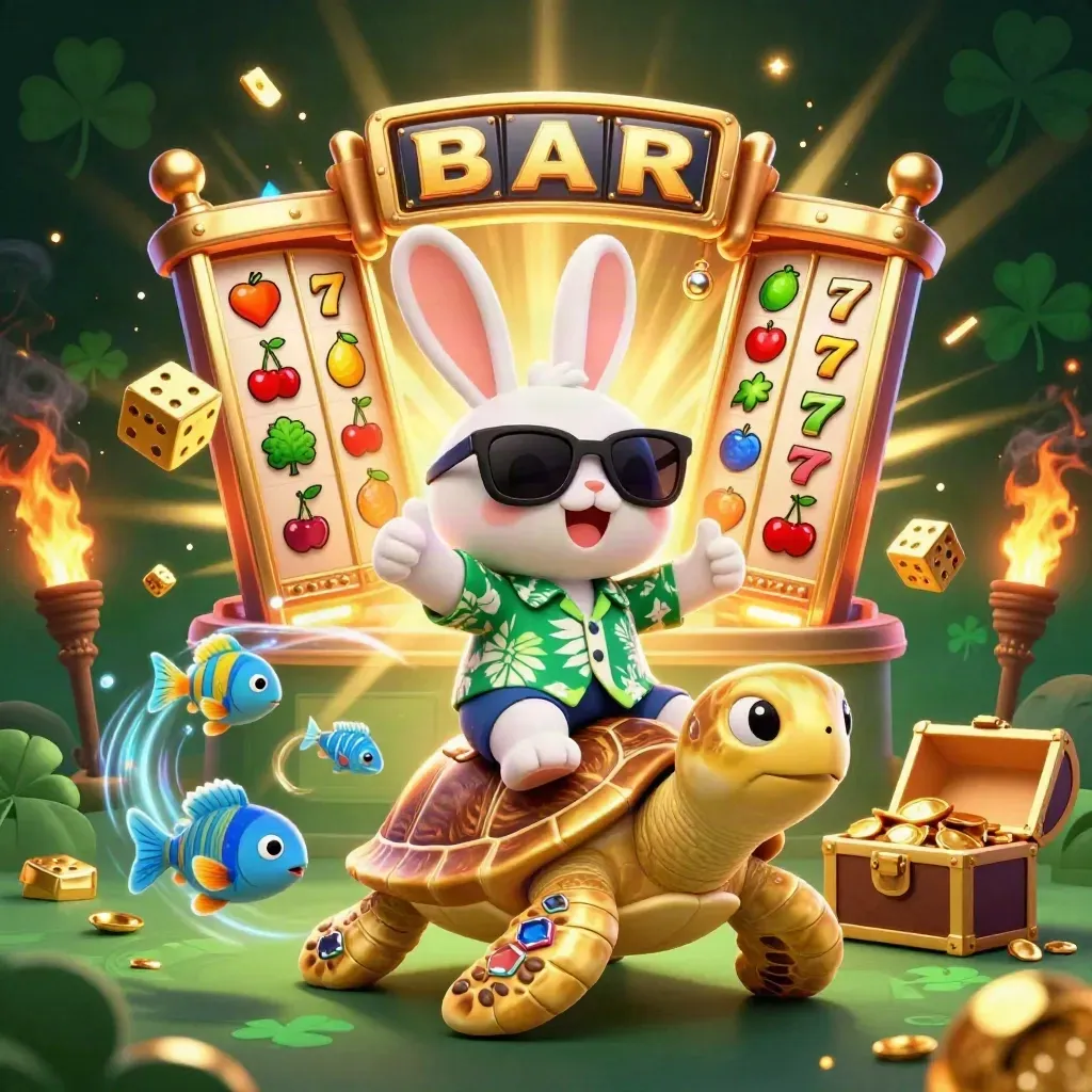 Cartoon rabbit on a gem turtle amid casino bursts, coins, dice, and neon glow.