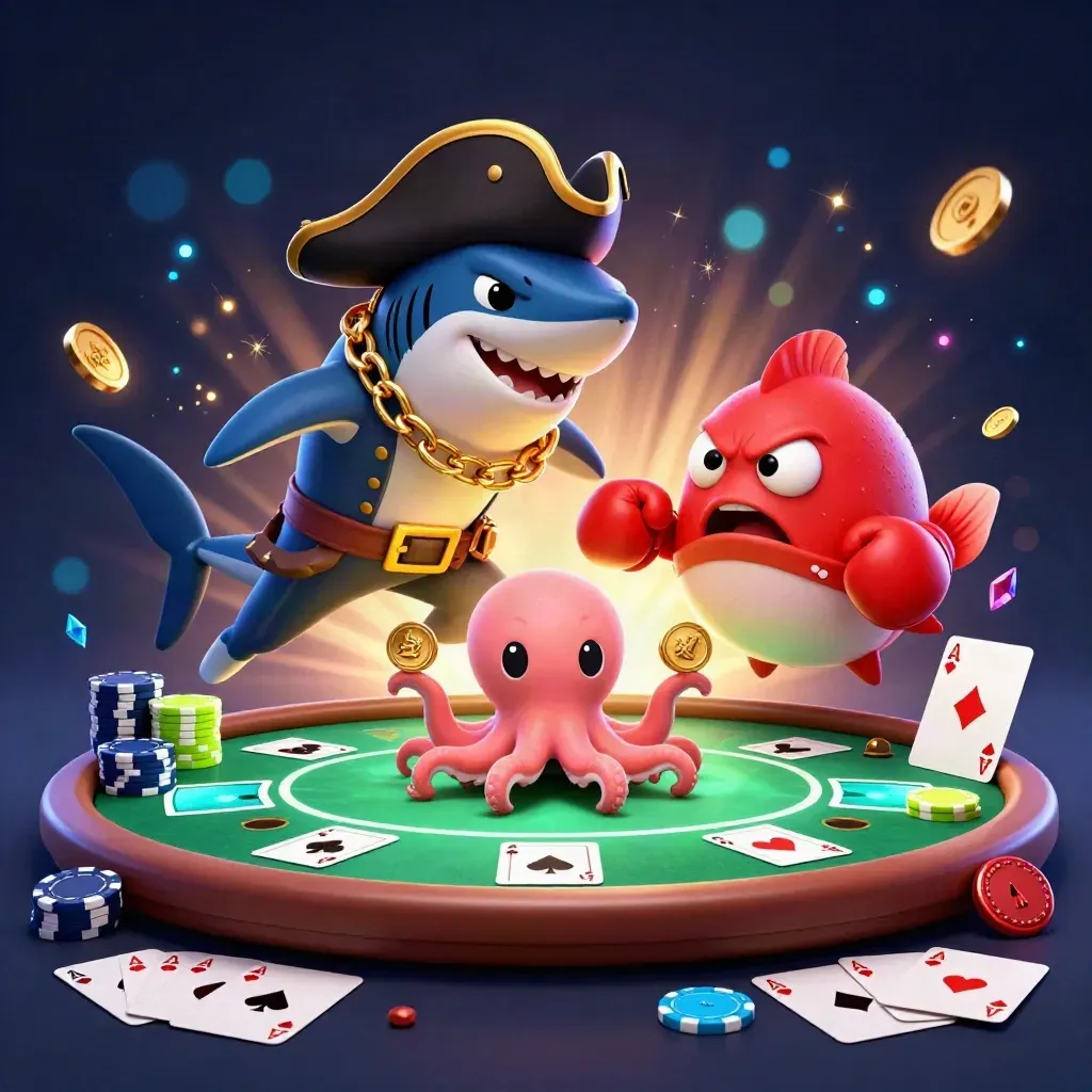 Pirate shark, boxing pufferfish, and coin-juggling octopus over a neon poker table.