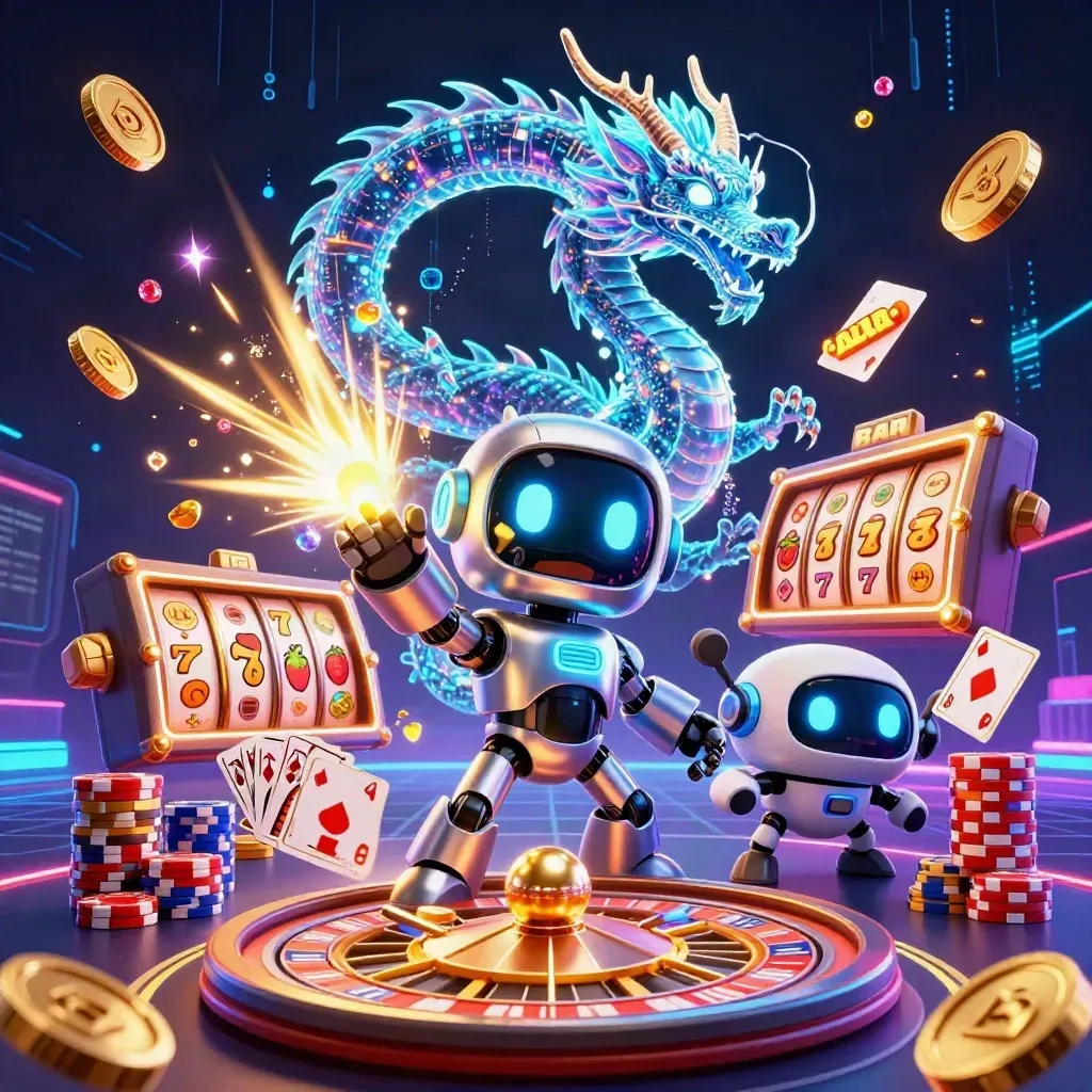 Cyberpunk robot, holographic dragon, and coin drone amid casino loot, coins, cards, chips, and neon energy.