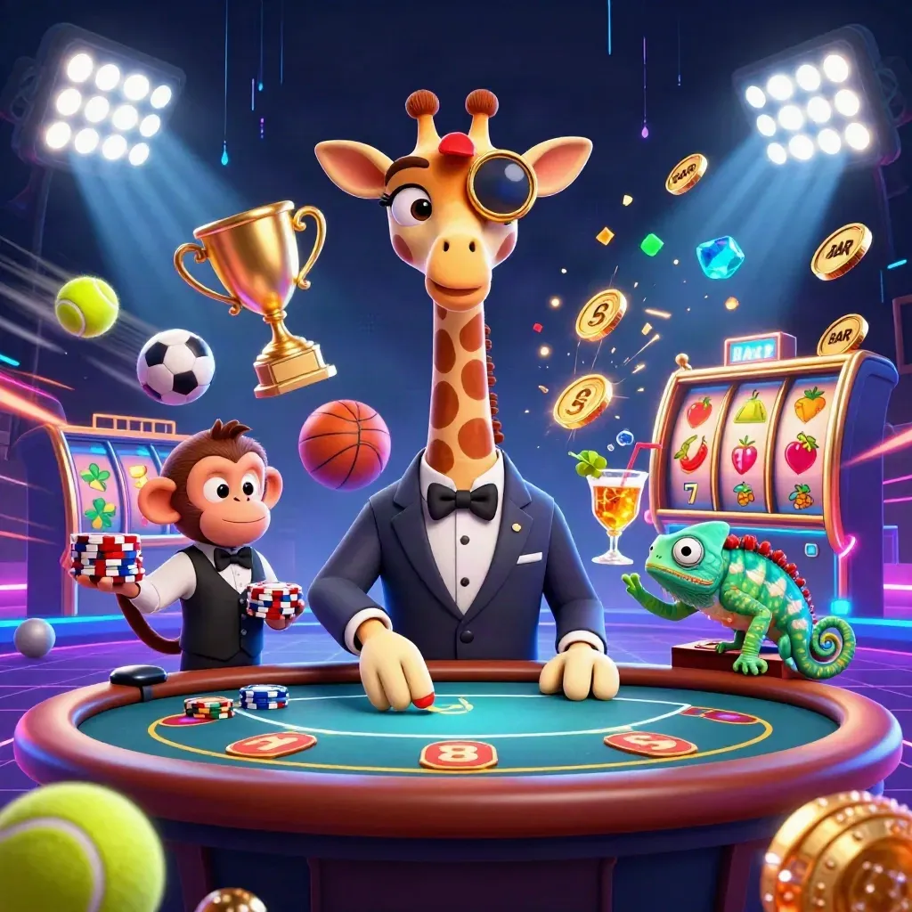 Giraffe, monkey valet, and chameleon bartender in a neon casino burst with sports balls and treasure