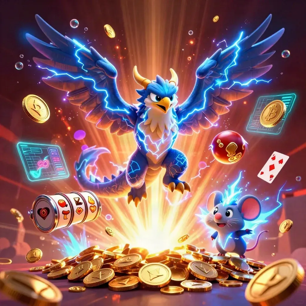 Thunder dragon, hawk, and crackling mouse burst through neon loot, coins, and casino symbols.