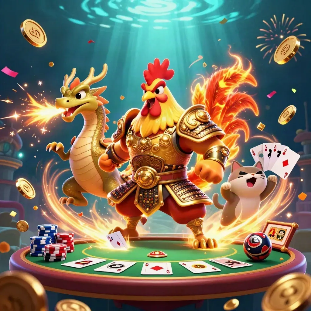 Rooster warrior, dragon hatchling, and fortune cat in a coin-burst casino vault scene.