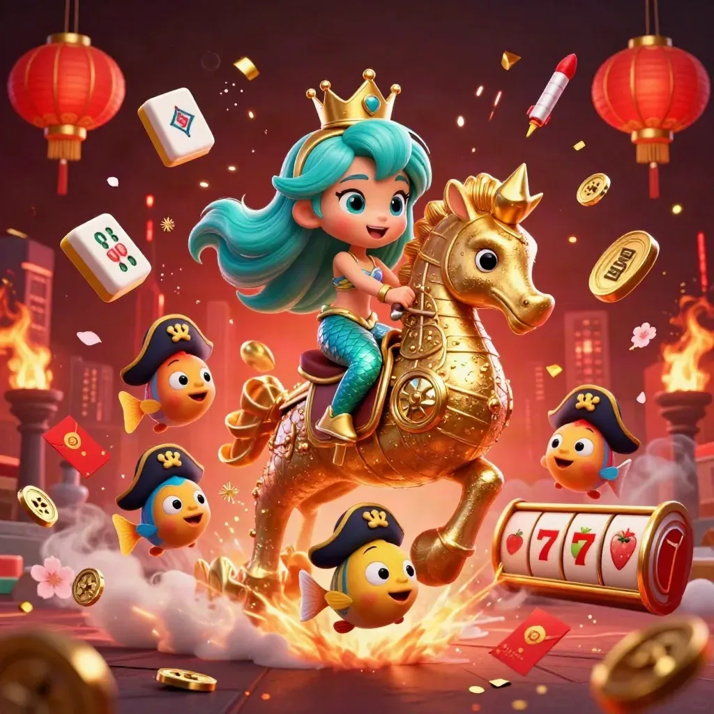 Mermaid princess on armored seahorse amid pirate fish, casino loot, lanterns, coins, and glowing sparks.