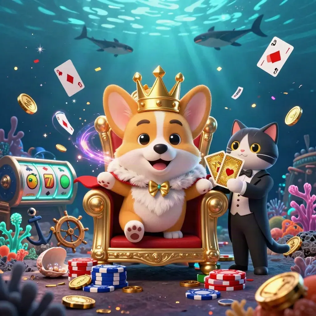 Royal corgi and cat butler in a neon underwater casino treasure cove with chips, coins, and glowing reels