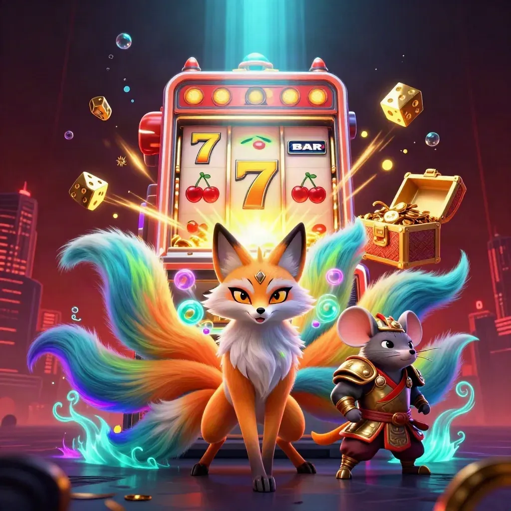 Neon fox spirit and samurai mouse amid exploding slot symbols and gold