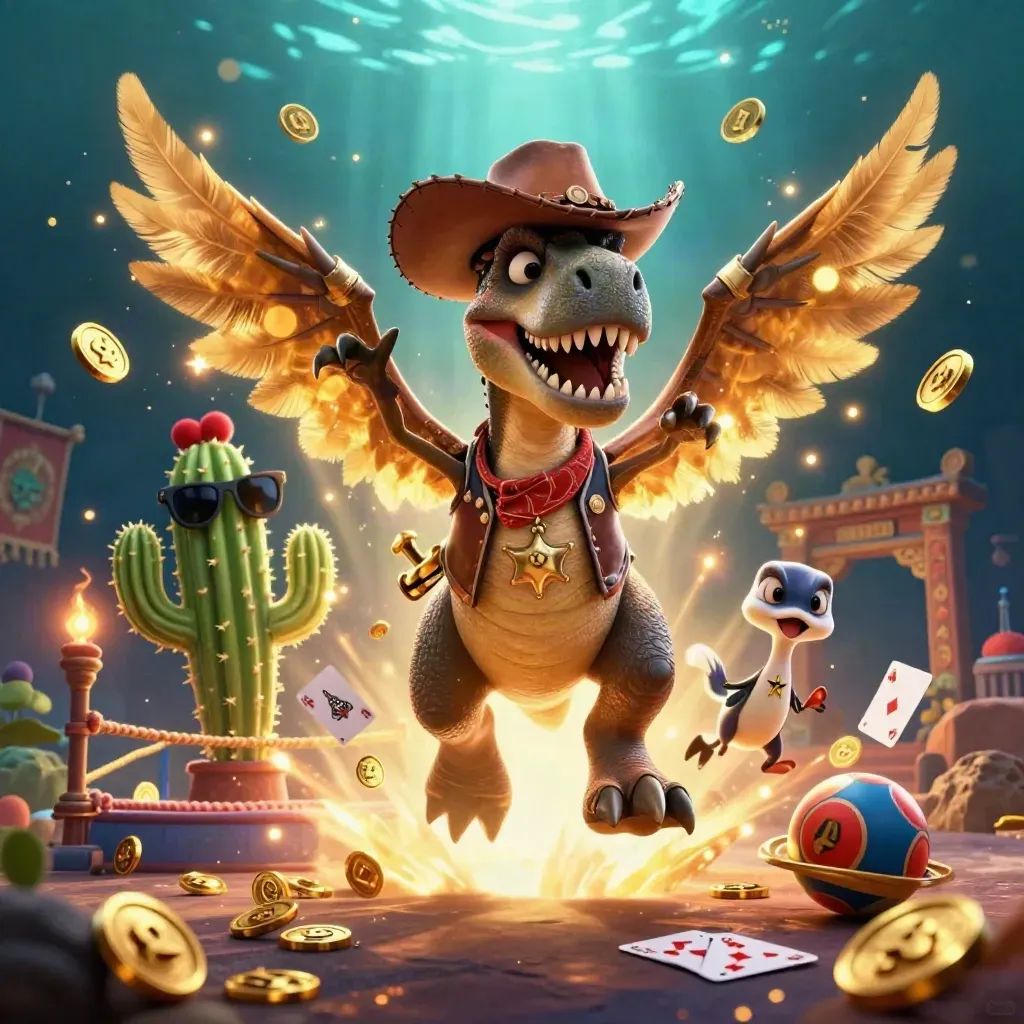 Cowboy T-Rex, cactus sidekick, and roadrunner amid casino loot sparks and neon glow.