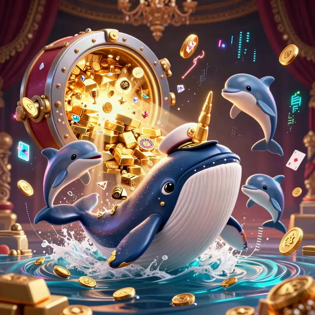 Cartoon whale captain, narwhal and dolphins in a gold loot storm with neon casino glow.