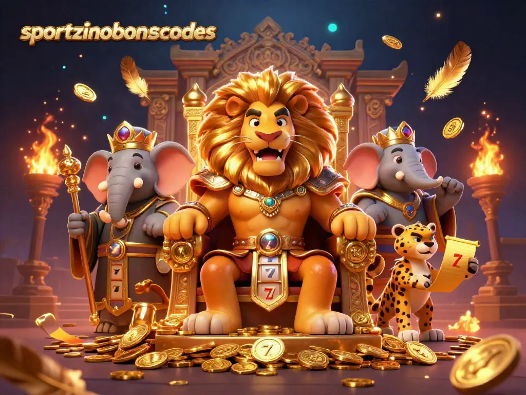 Experience the action of sportzinobonuscodes with a lively casino scene featuring a majestic lion king and friends.