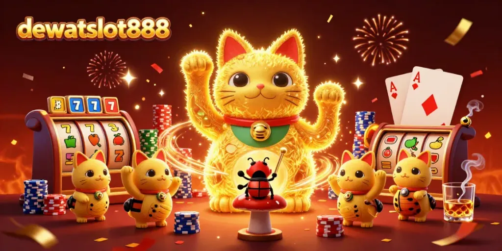 Permainan menarik di dewataslot888 dengan simbol slot, kucing keberuntungan, dan chip poker berwarna-warni.