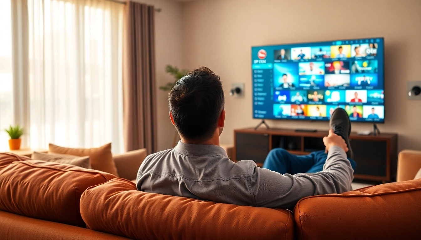 Experience Free IPTV Trial 24 Hours on a vibrant screen in a cozy living room.