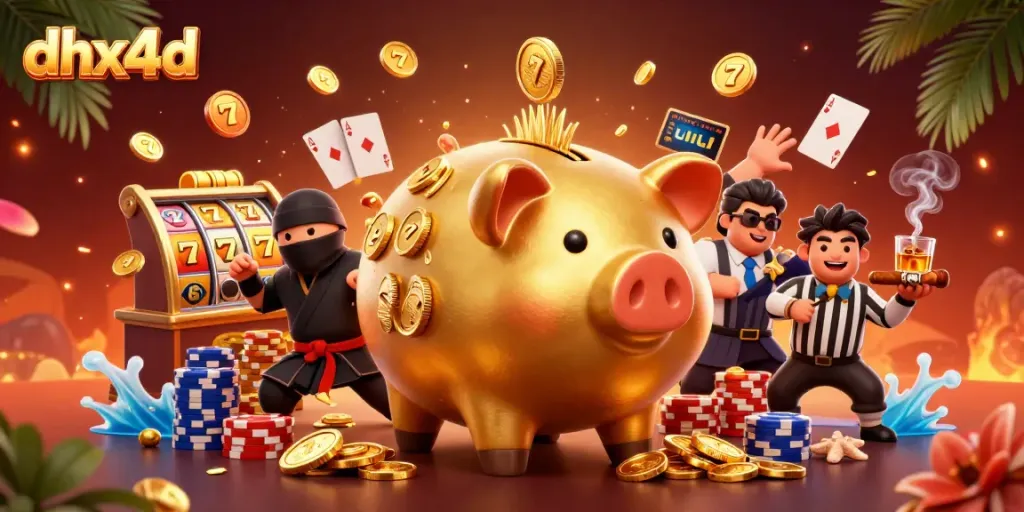 dhx4d mempersembahkan ilustrasi kasino 3D kartun menarik dengan karakter unik dan elemen slot.