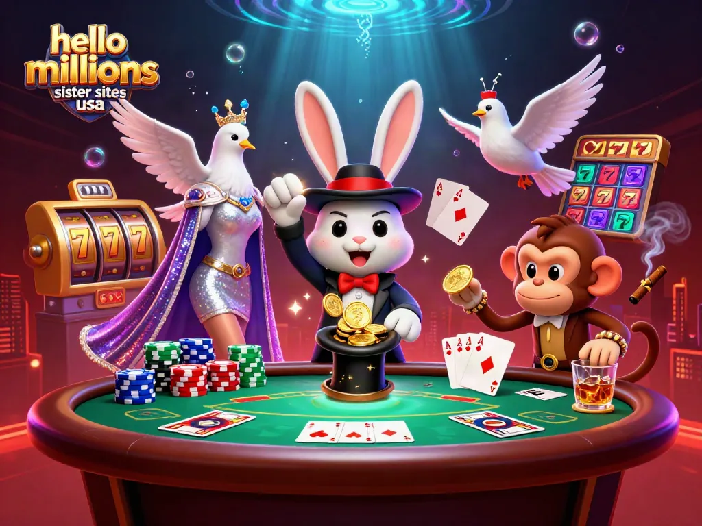 Experience the excitement of Hello Millions sister sites USA with a 3D illustration of a magician rabbit and friends celebrating wins.
