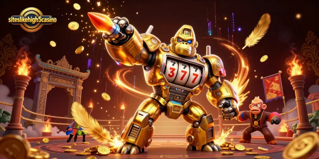 Experience the excitement of siteslikehigh5casino with a dynamic scene of a golden gorilla mech and casino elements.