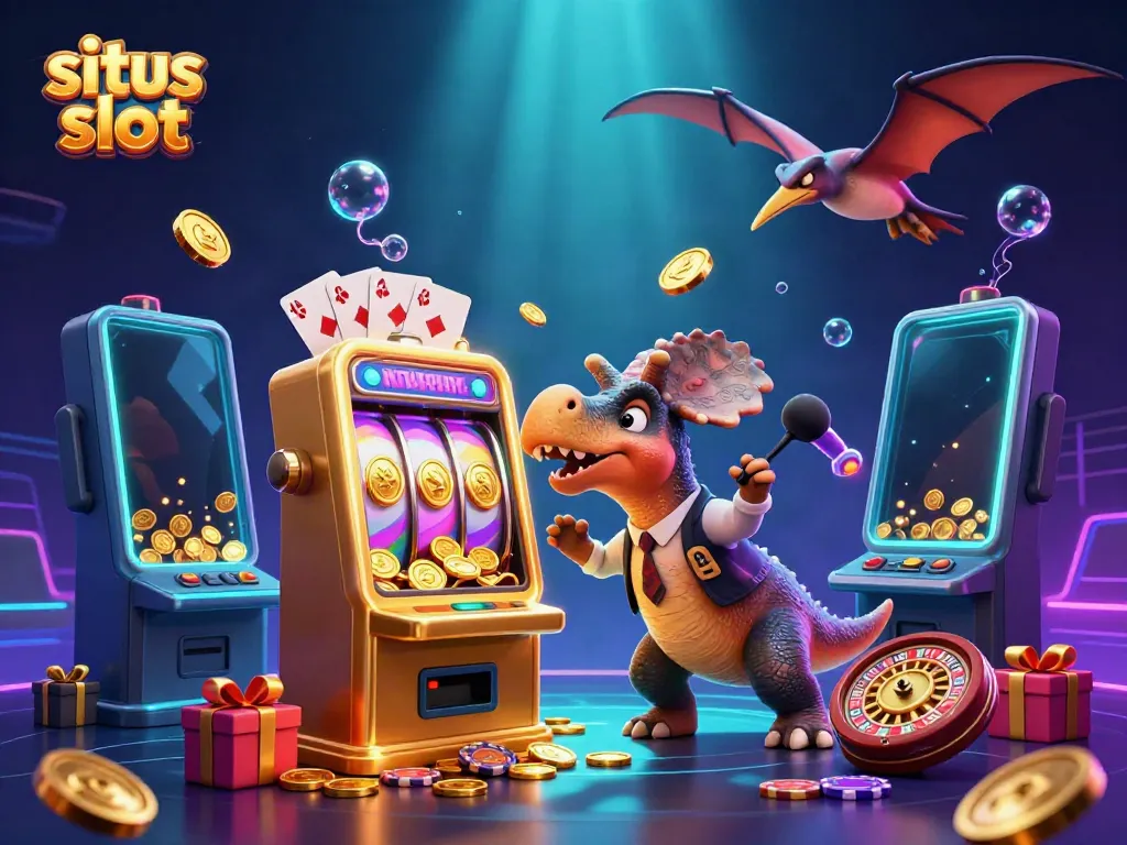 Situs slot yang menampilkan pterosaurus, ankylosaurus, dan pintu jackpot yang meledak koin emas.