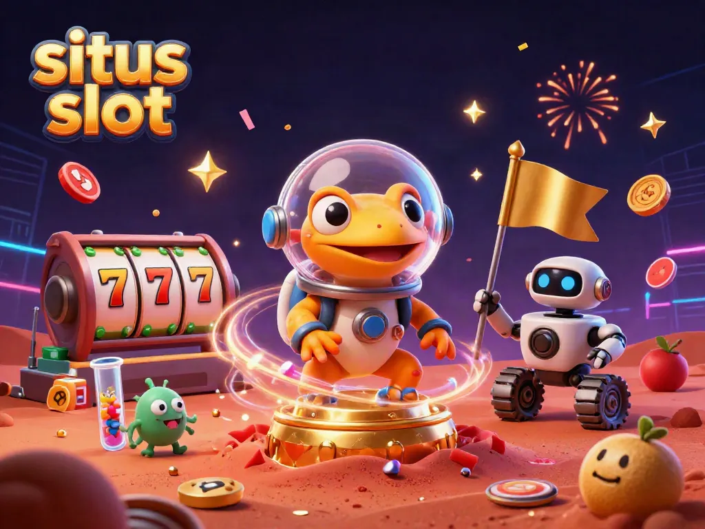 Experience situs slot action with a Martian gecko at a golden casino surrounded by dynamic gaming elements.