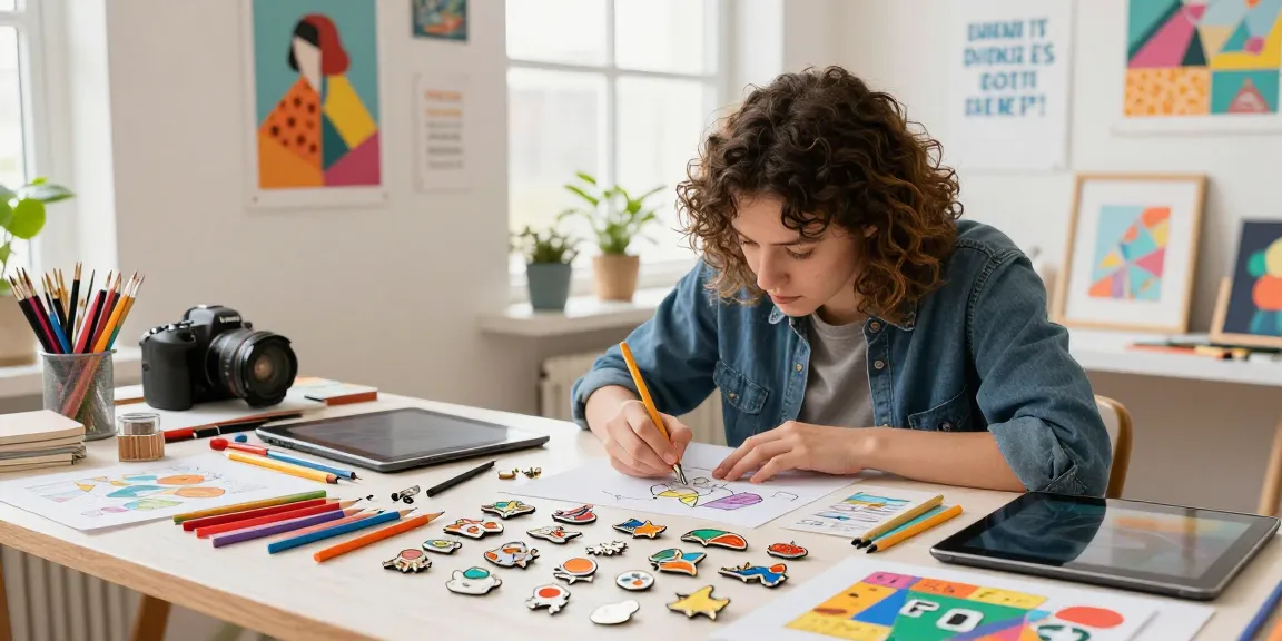 Custom pins design process in a vibrant studio with artistic tools and natural light.