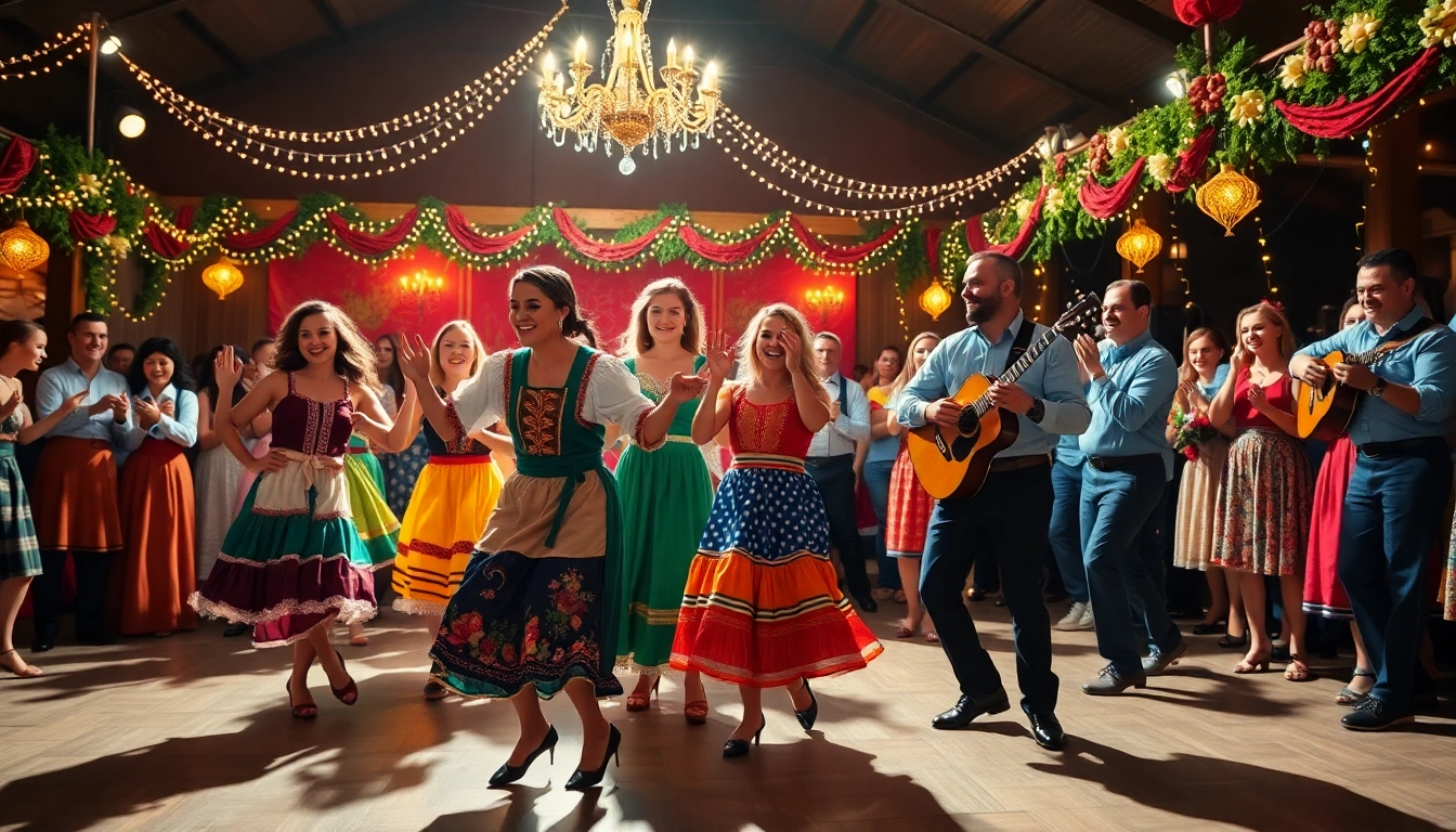 Dansatori bucurându-se de muzica de petrecere într-o atmosferă vibrantă și festivă.