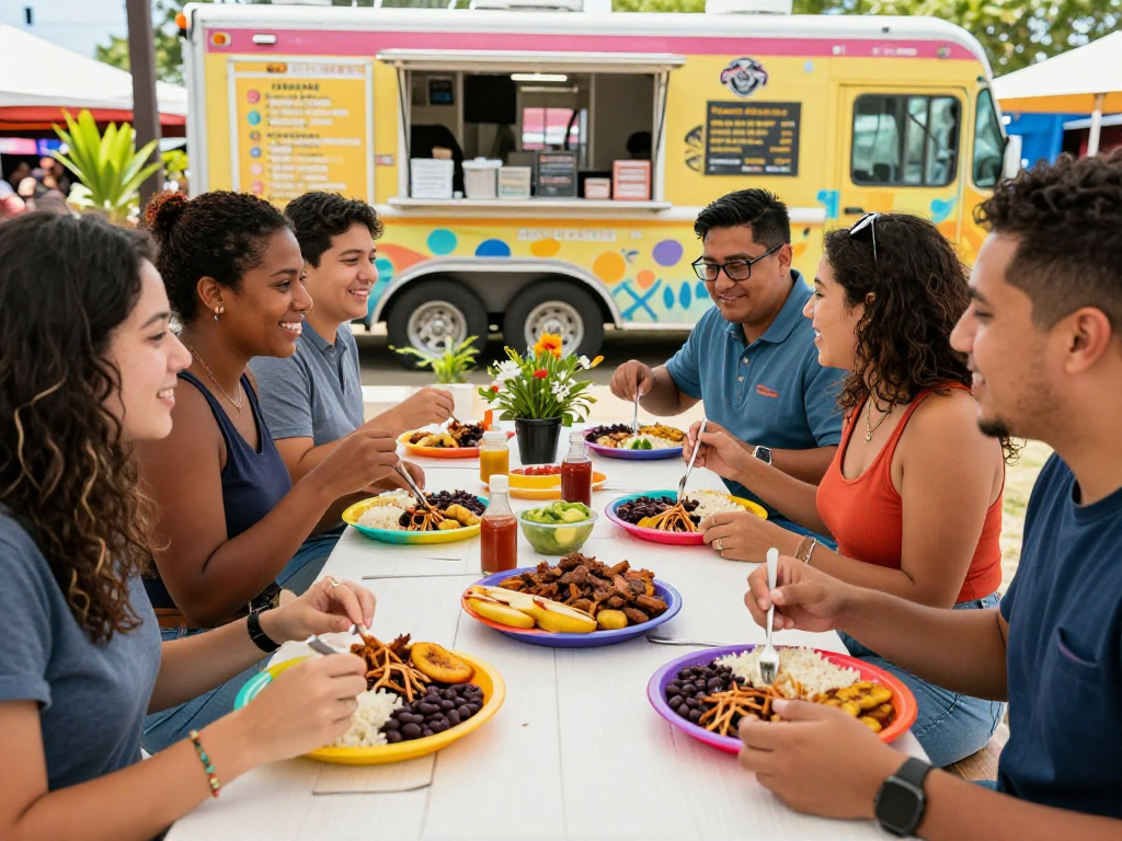 Enjoy tasty pabellon criollo near me, showcasing vibrant outdoor dining with friends and a lively food truck setting.