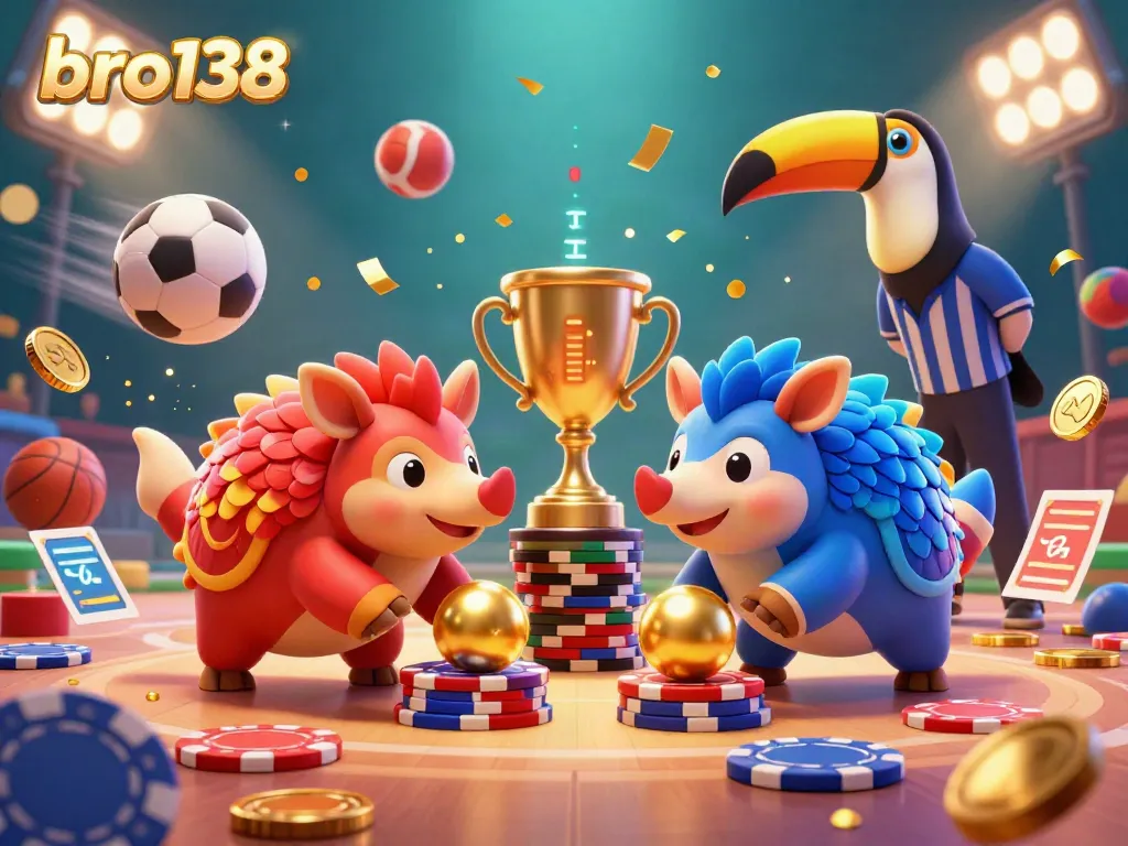 This vibrant 3D scene showcases bro138's gambling excitement with cartoon pangolins, poker chips, and sports elements.