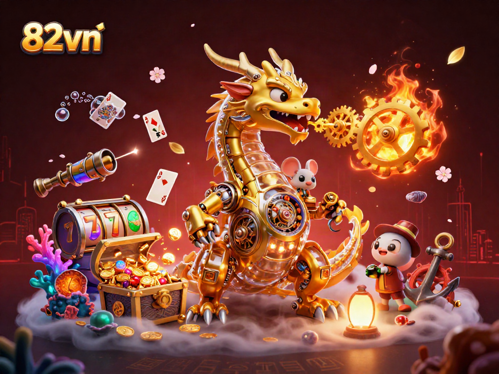 Immerse in the thrilling 82vn gaming scene featuring a dragon and explosive treasures.