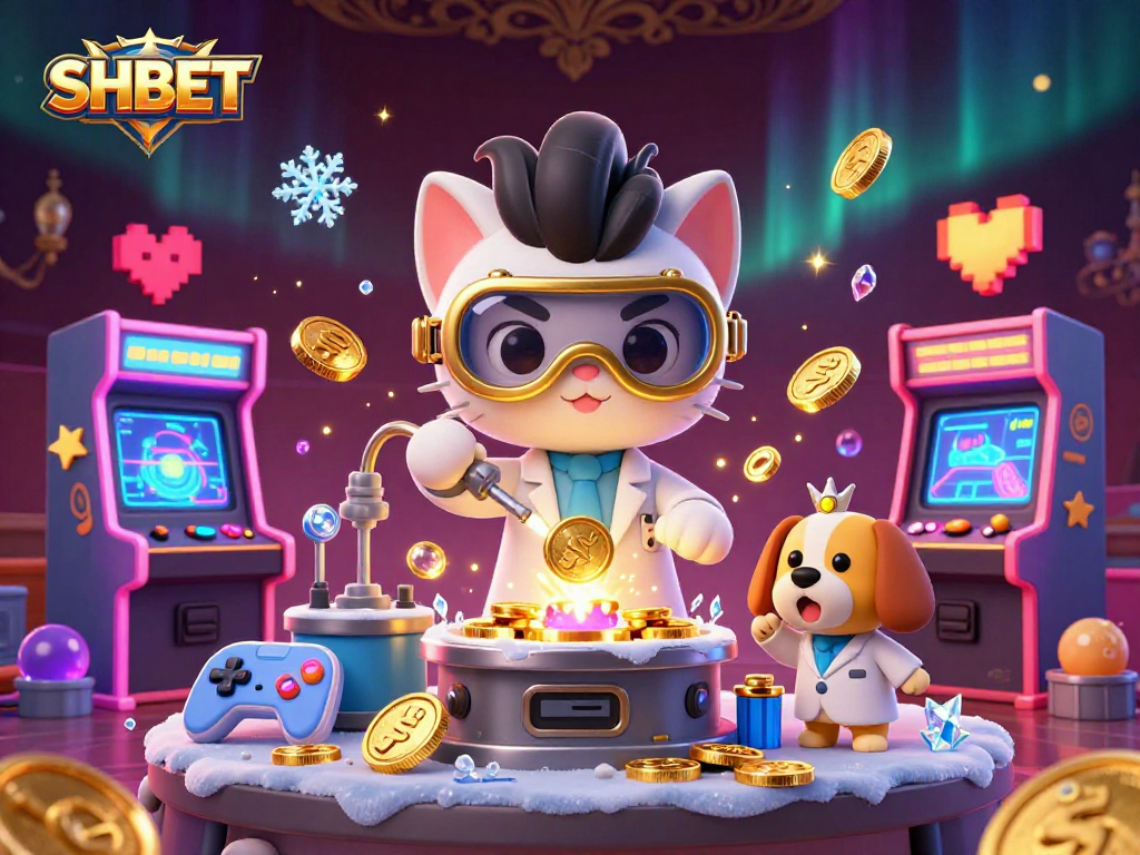 Experience thrilling gaming action with SHBET's vibrant casino illustration featuring 3D characters and dynamic elements.
