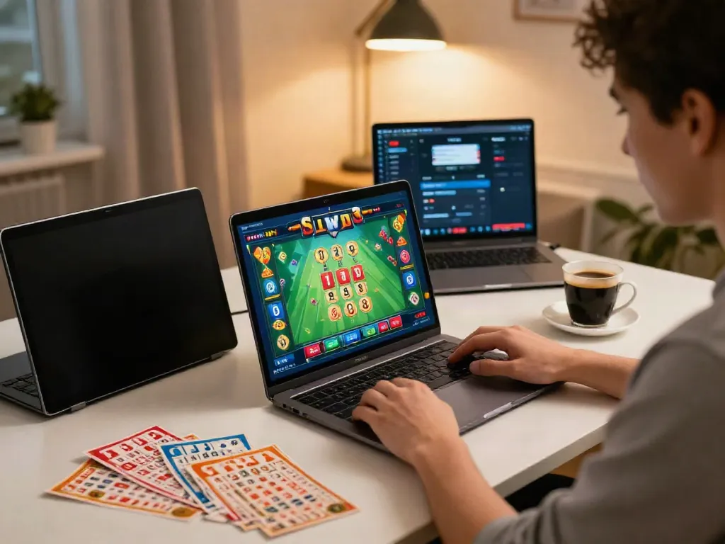 Engaged user playing hargatoto online lottery with colorful tickets and laptop in cozy home office.