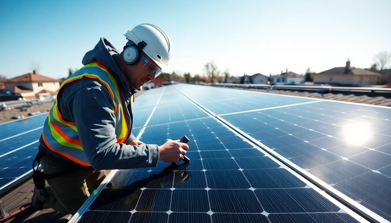 Technician performing solar maintenance New Jersey on rooftop solar panels.