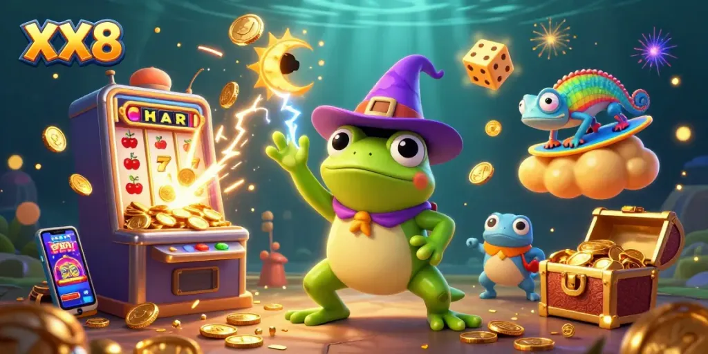 Immerse in the thrilling slot experience with XX8, featuring golden coins and casino excitement.