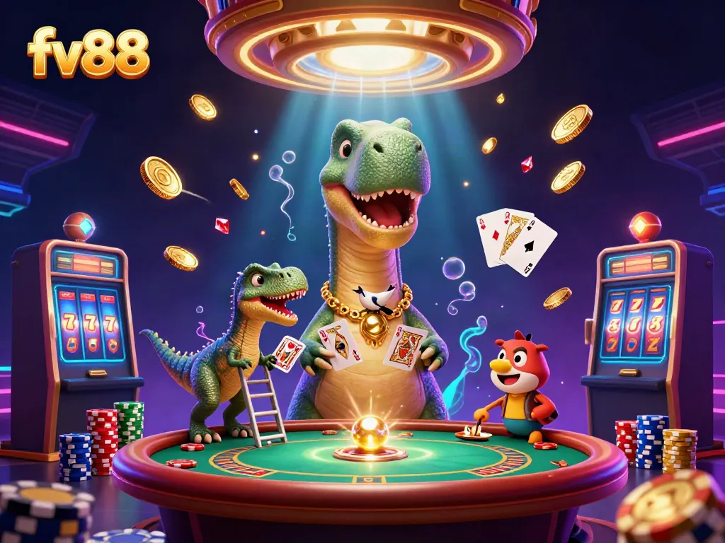 Experience thrilling gameplay at fv88 with a whimsical 3D casino scene featuring a playful brontosaurus and a clever raptor.