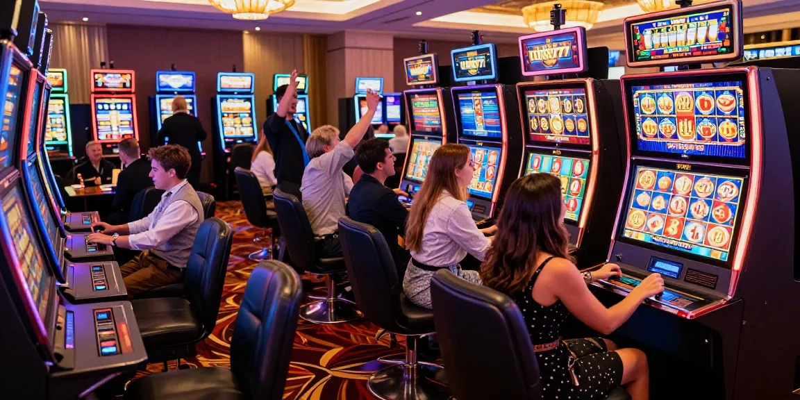 LUXURY777 - Suasana kasino yang meriah dengan pemain slot berbahagia dan permainan yang menegangkan.
