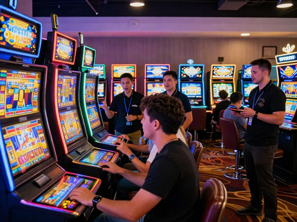 Slot machines in action at a lively casino, showcasing excitement and engagement.