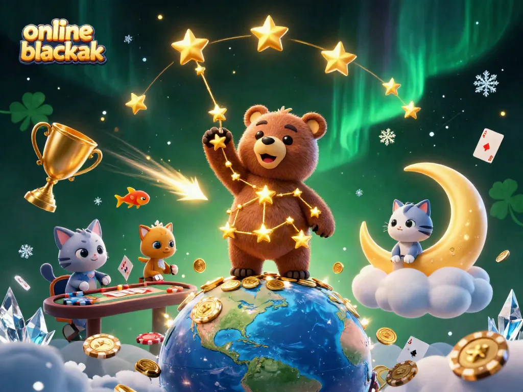 Engage in online blackjack with lively 3D illustration showcasing a starry scene of characters and casino elements.