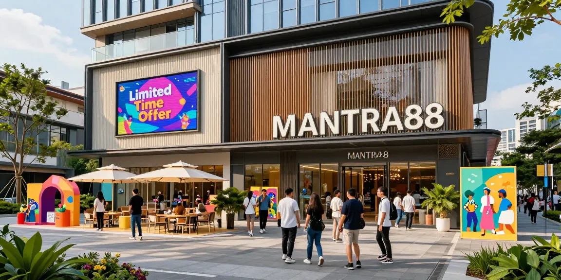 Visitors enjoying the lively atmosphere at MANTRA88 commercial property, showcasing vibrant storefronts and outdoor cafes.