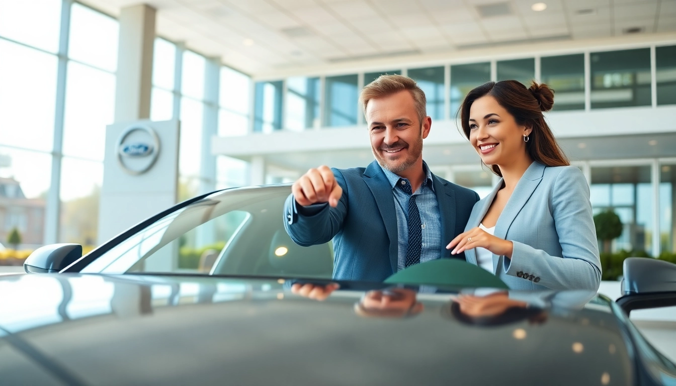 Buy New Car with excited couple examining the vehicle at a dealership.