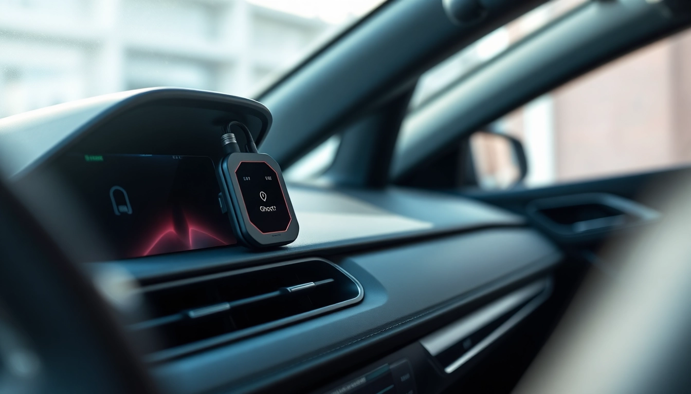 Showcasing the Ghost 2 immobiliser device elegantly integrated within a modern vehicle dashboard.