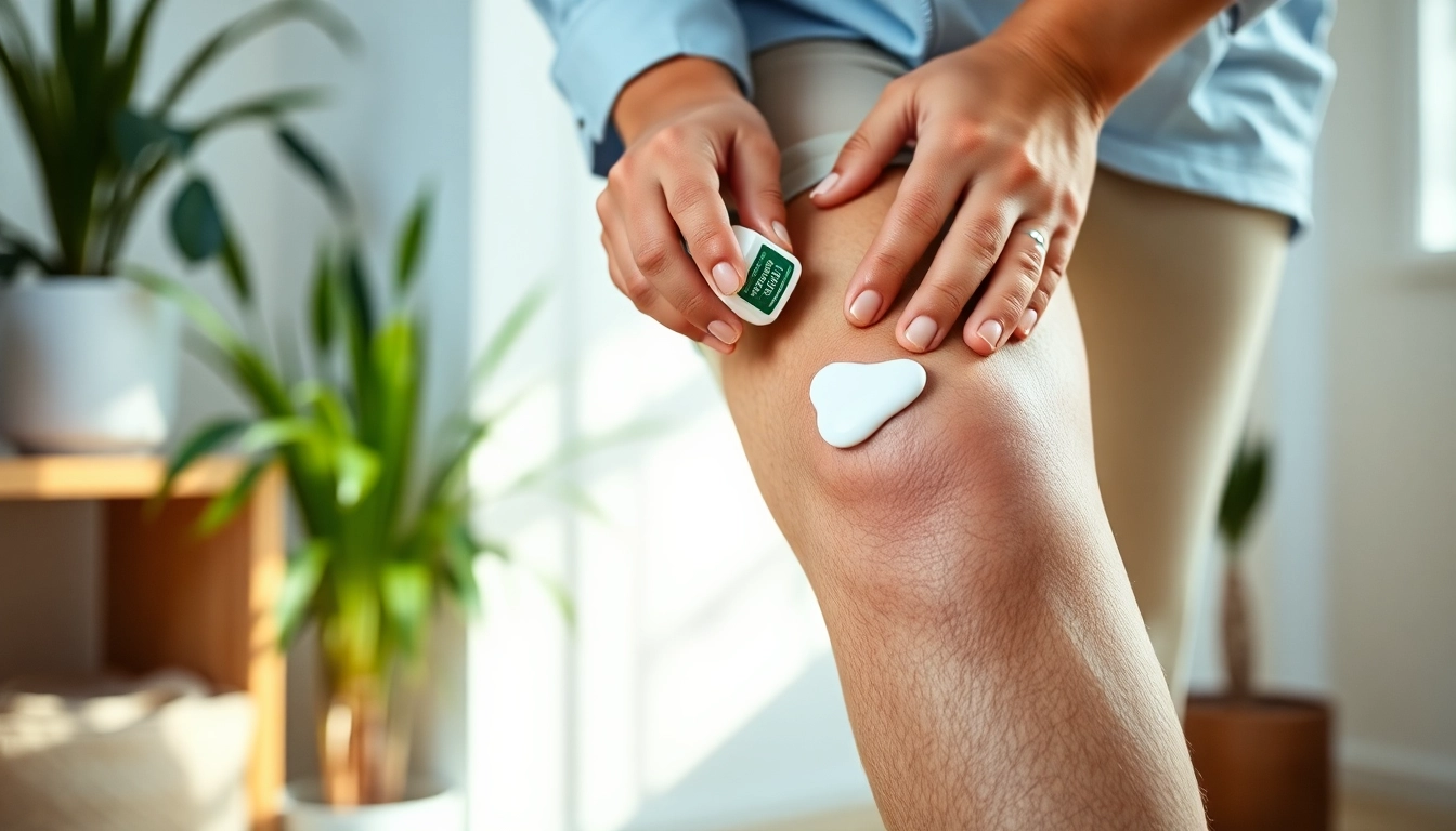 DMSO for pain relief shown through a soothing application on a knee by hands.
