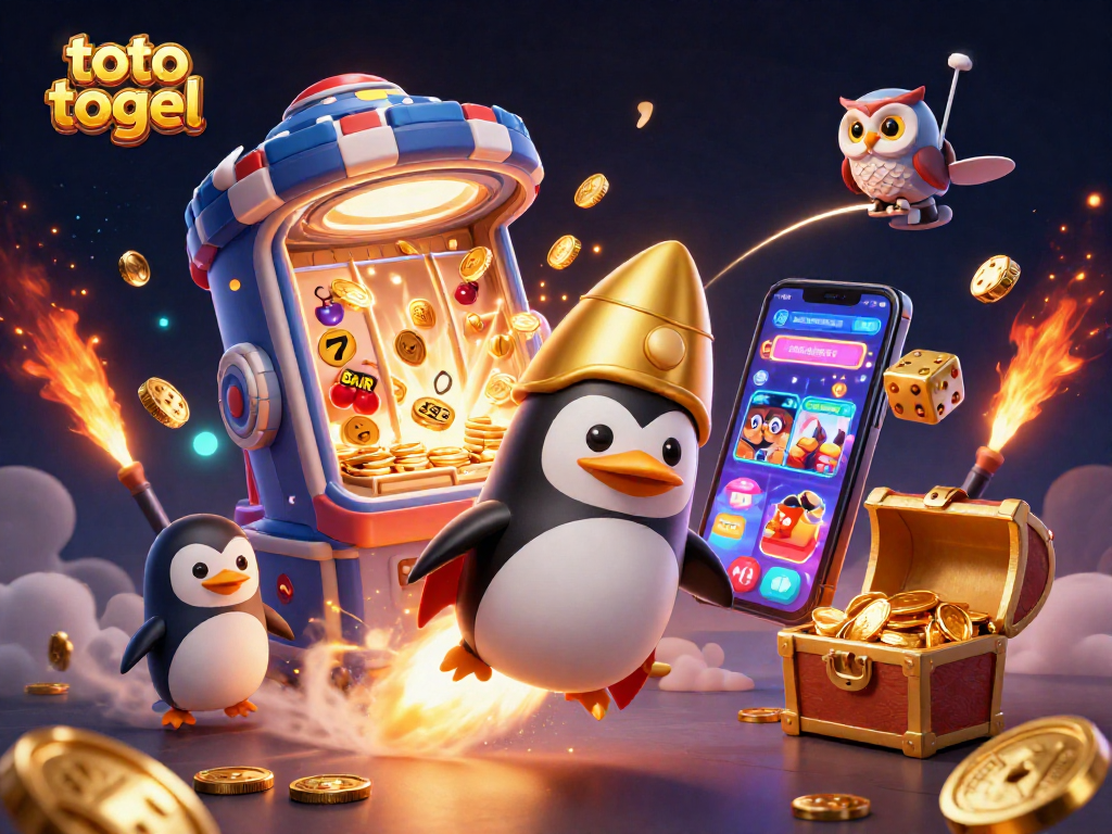 Bermain toto togel dengan karakter penguin emas dan mesin slot menggelegar, pengalaman berjudi yang seru.