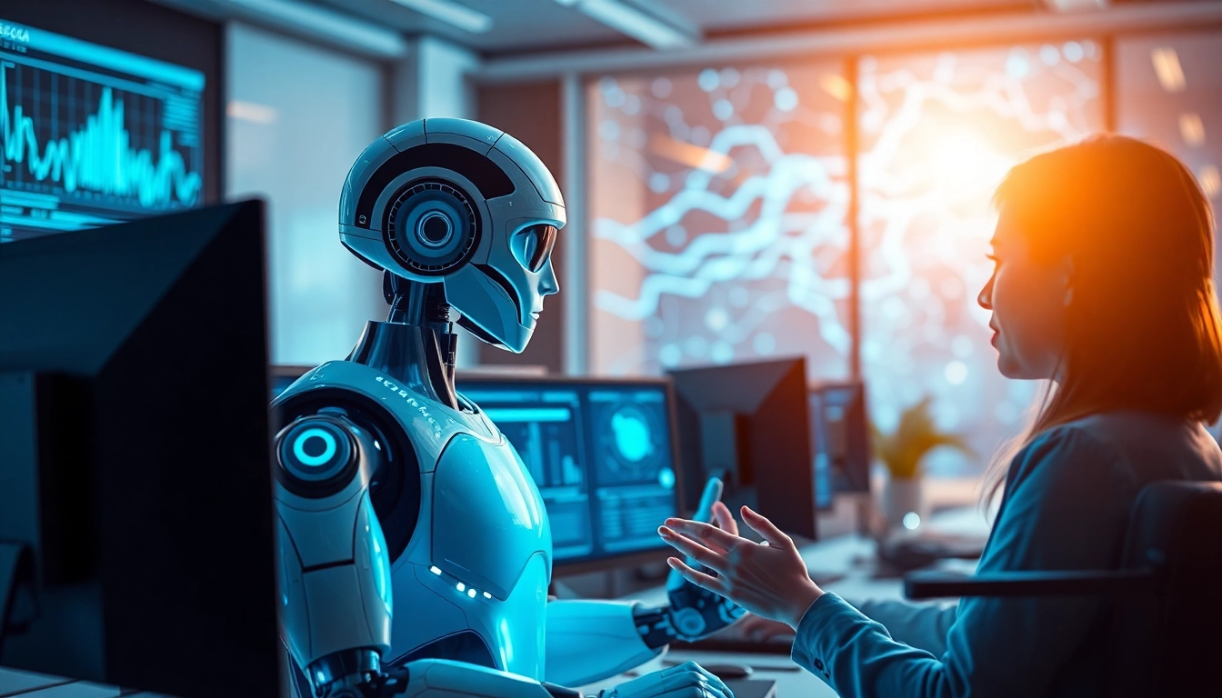 Ai Bots engaging with users in a modern office setting, showcasing advanced technology and interaction.