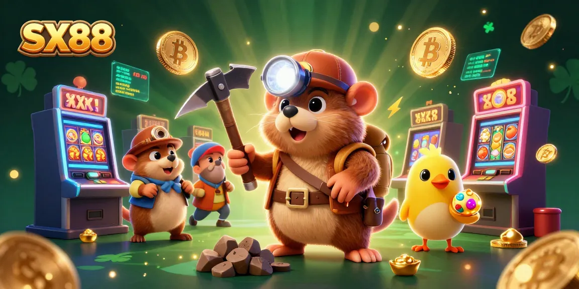 SX88 gaming experience with a treasure hunter mole and canary amidst slot machines and shimmering coins.