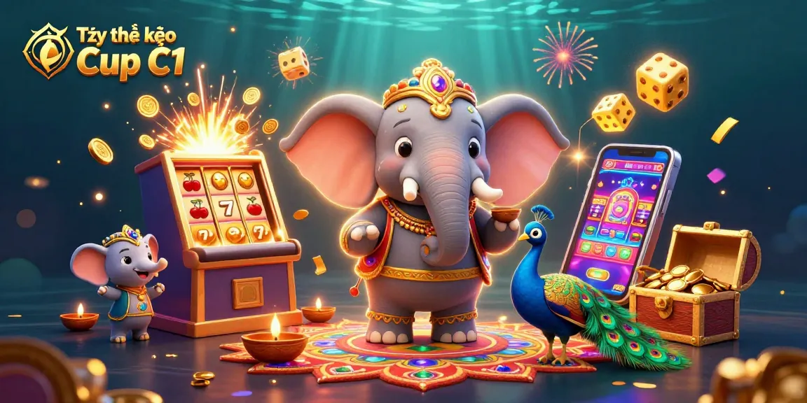 Tỷ lệ kèo Cup C1 highlights an exciting sports betting scene with vivid characters and rich casino symbols.