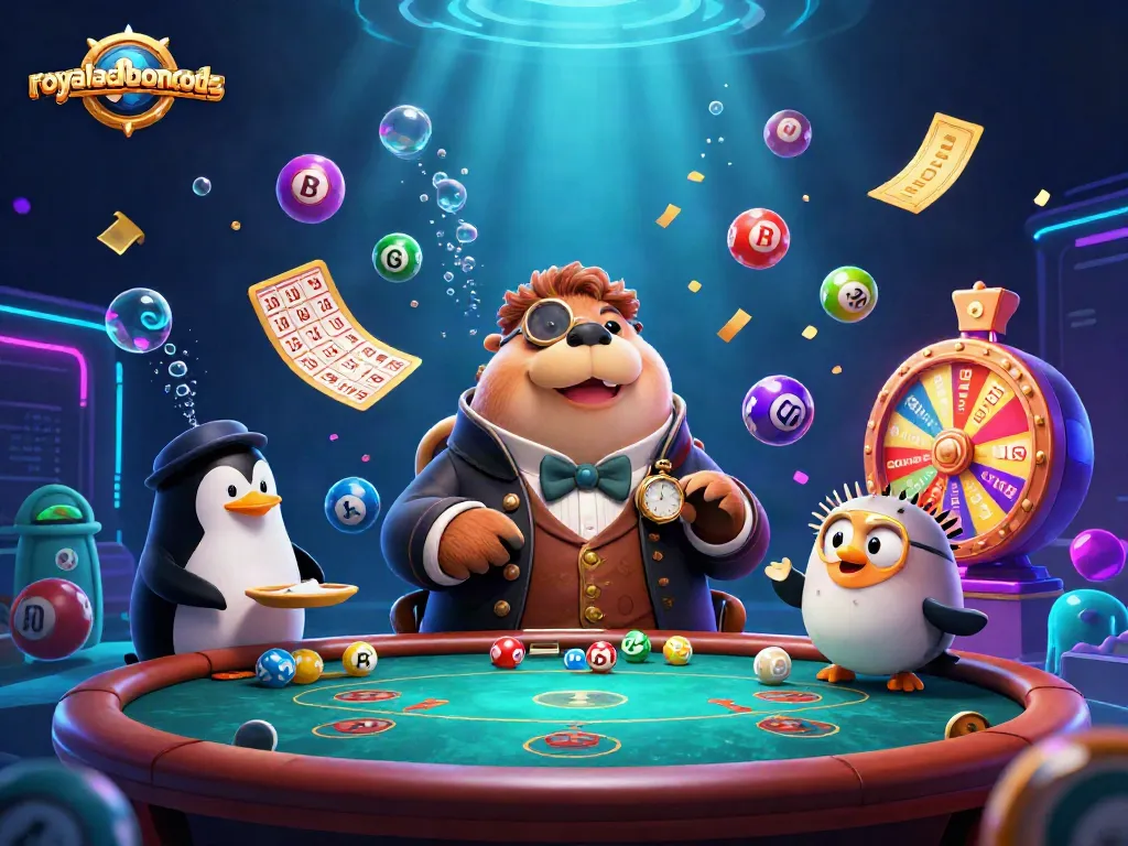 Royalacebonuscodes showcases an underwater poker game with a jolly walrus and colorful lottery elements.