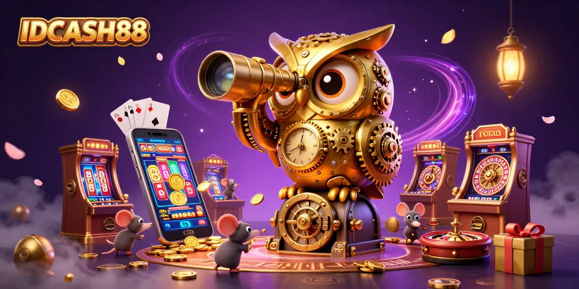 Experience thrilling gameplay at IDCASH88 with a vibrant 3D casino scene featuring a golden owl and playful mice.