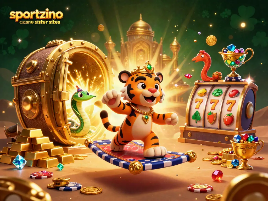 Explore sportzino casino sister sites with vibrant jackpots and celestial treasures in this immersive 3D illustration.