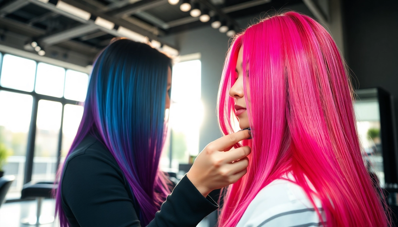 Professional stylist demonstrating hair colouring techniques on a client with vibrant results.