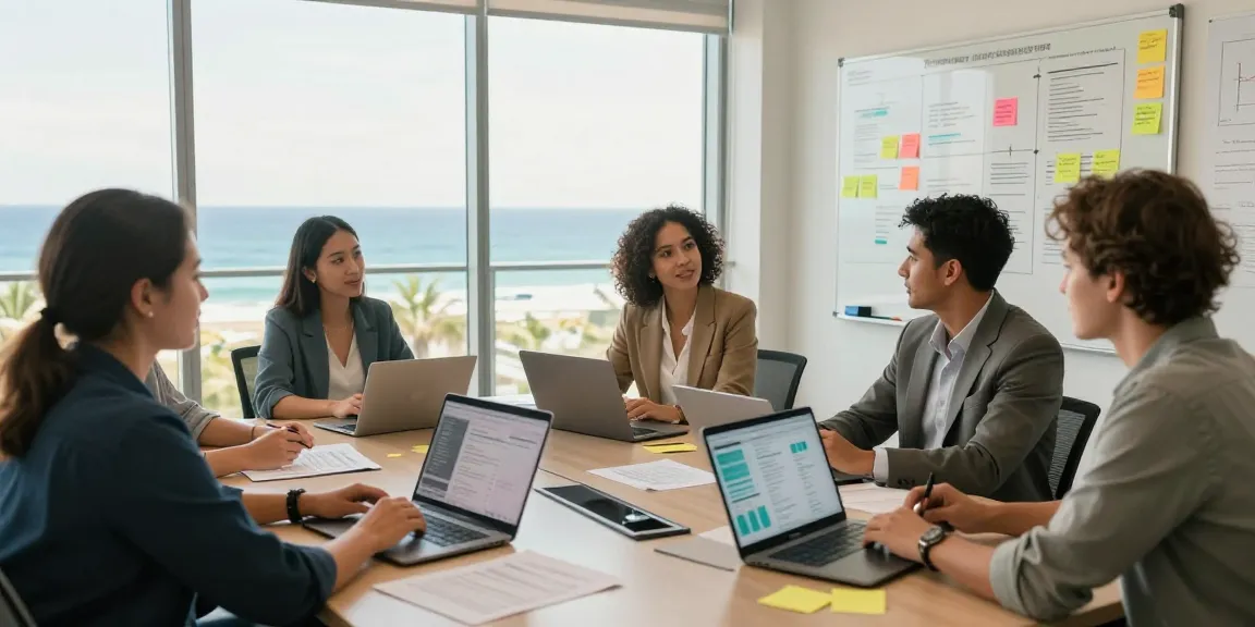 Marketing Agency Gold Coast team collaborating on innovative strategies in a bright office.