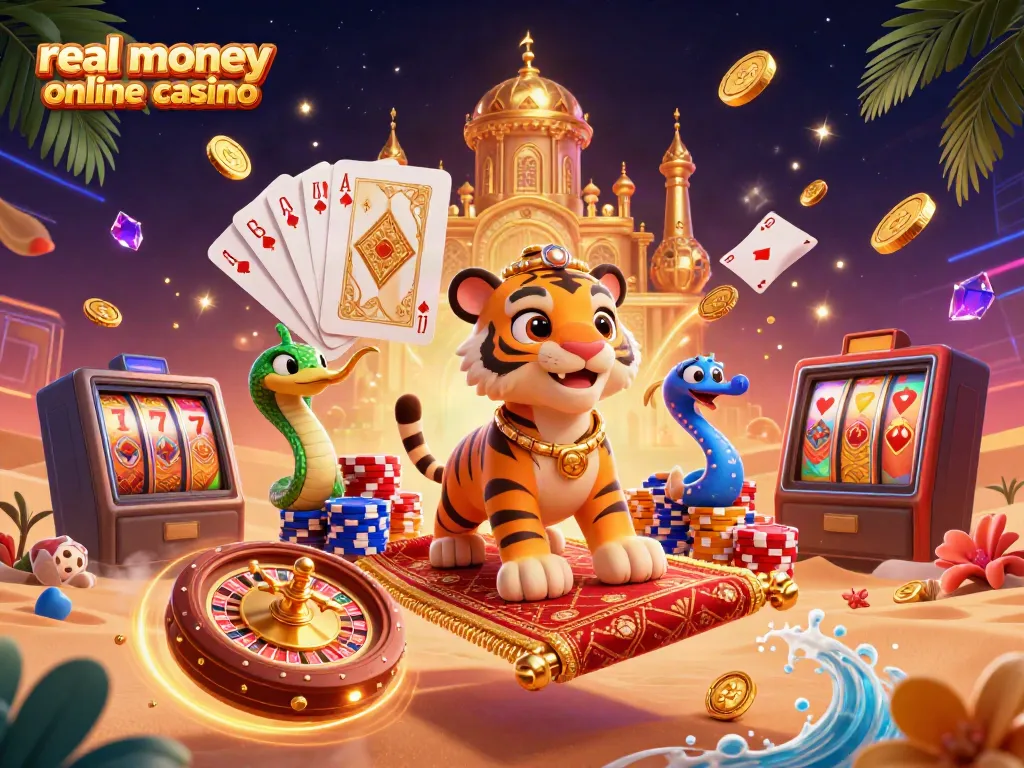 Experience the excitement of a real money online casino with vibrant casino elements and characters in an adventure.