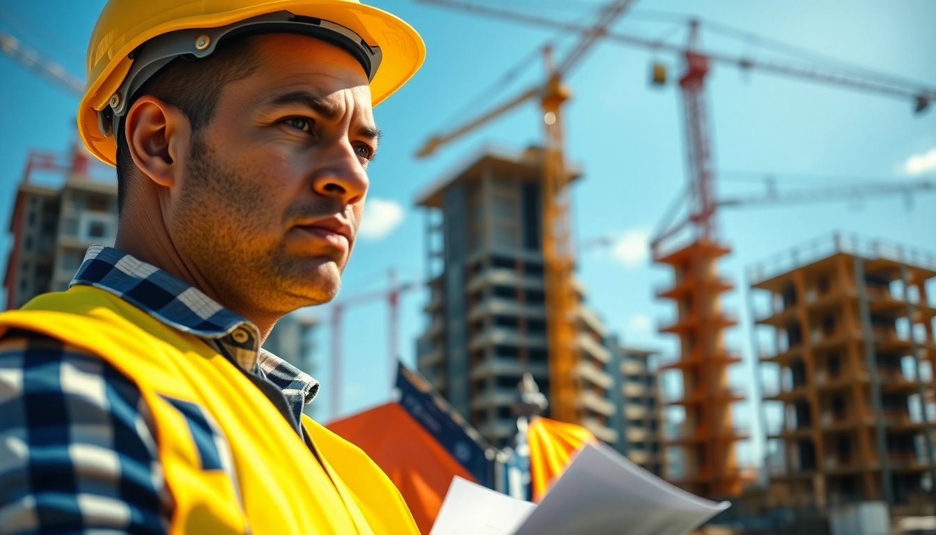 New Jersey Construction Manager examining plans on a construction site, showcasing leadership.