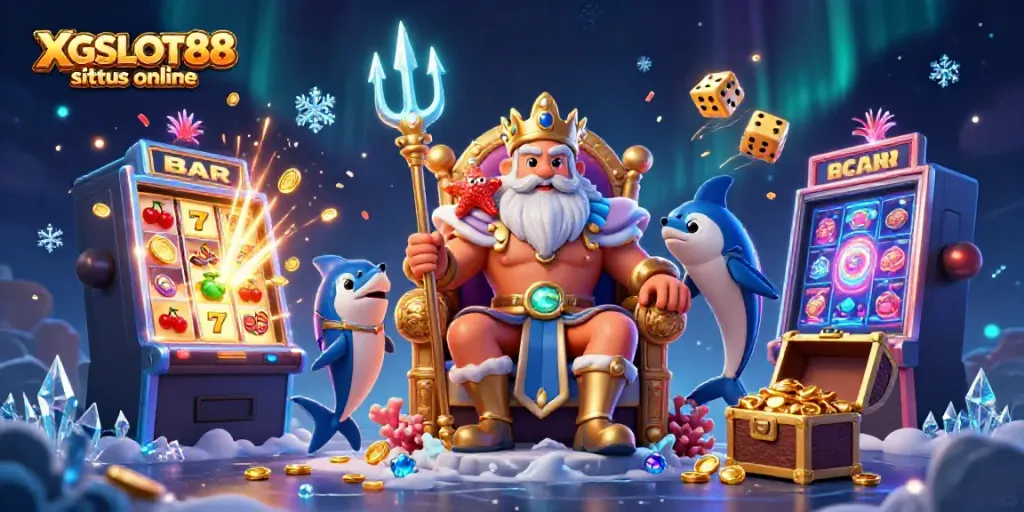 XGSLOT88 situs online menampilkan gambar pemenang jackpot dengan Raja Laut dan elemen slot yang menarik.